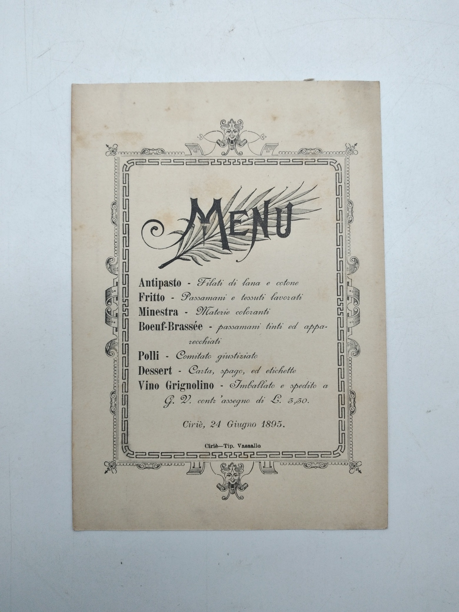 Menù. Ciriè 24 giugno 1895